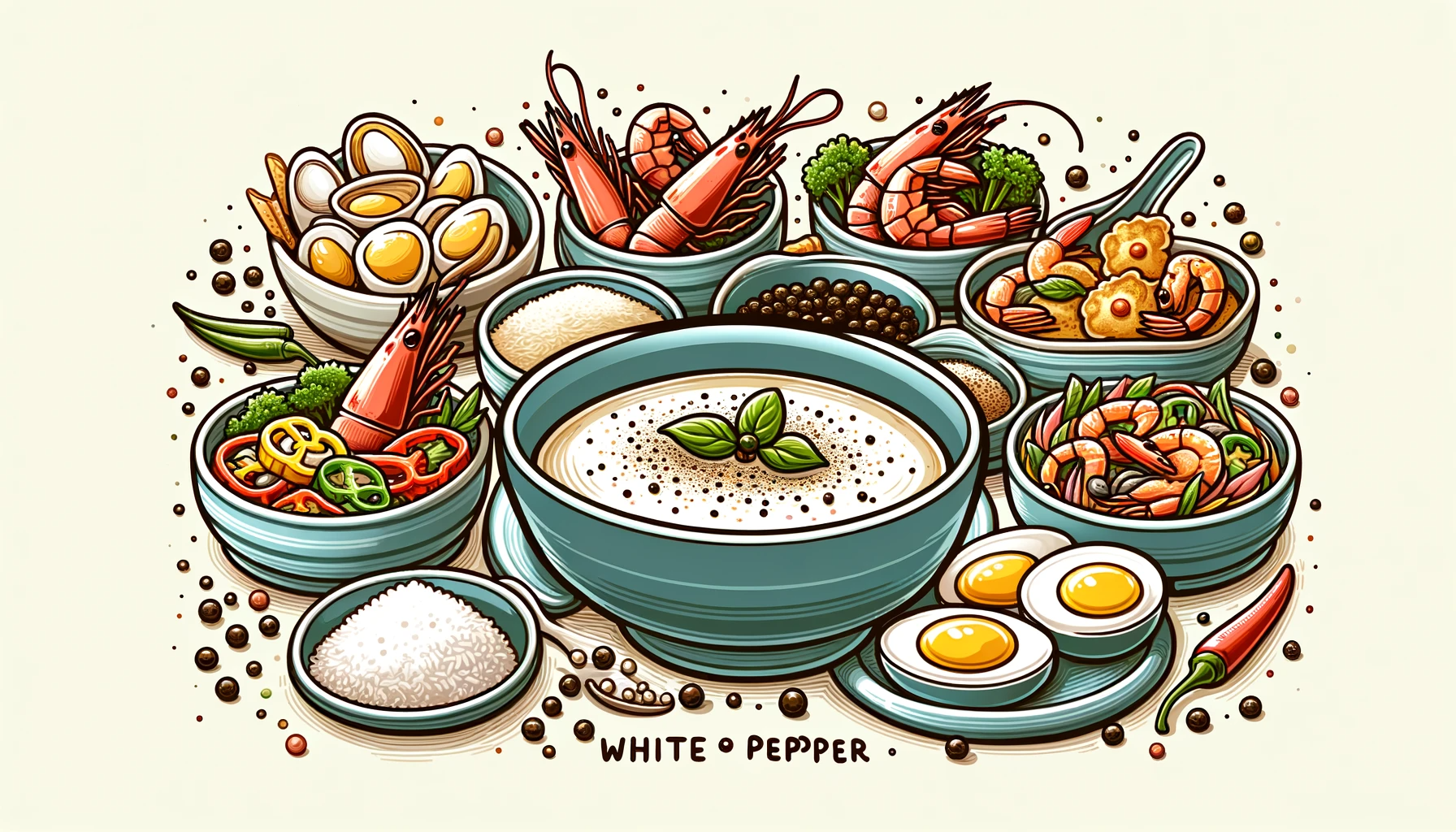 A collection of dishes seasoned with white pepper, artistically arranged on a table